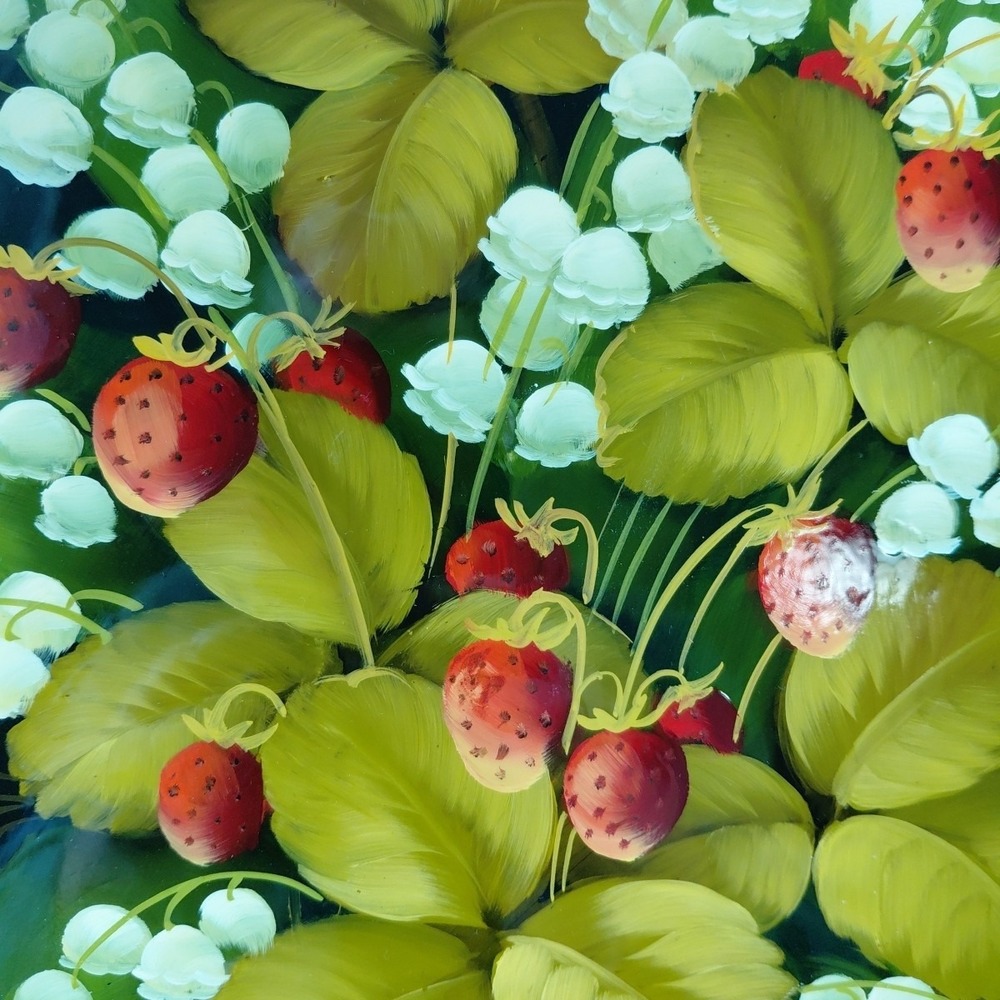 VTG Russian Zhostovo Hand Painted Floral Metal TRAY Folk Art Signed Strawberries - Picture 3 of 7